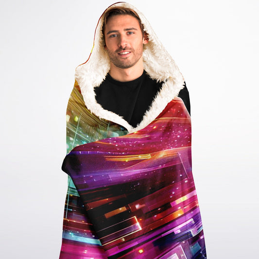 A hooded blanket with vibrant, radiating light patterns and the words 'FAITH HOPE LOVE' in bold letters on a colorful background.