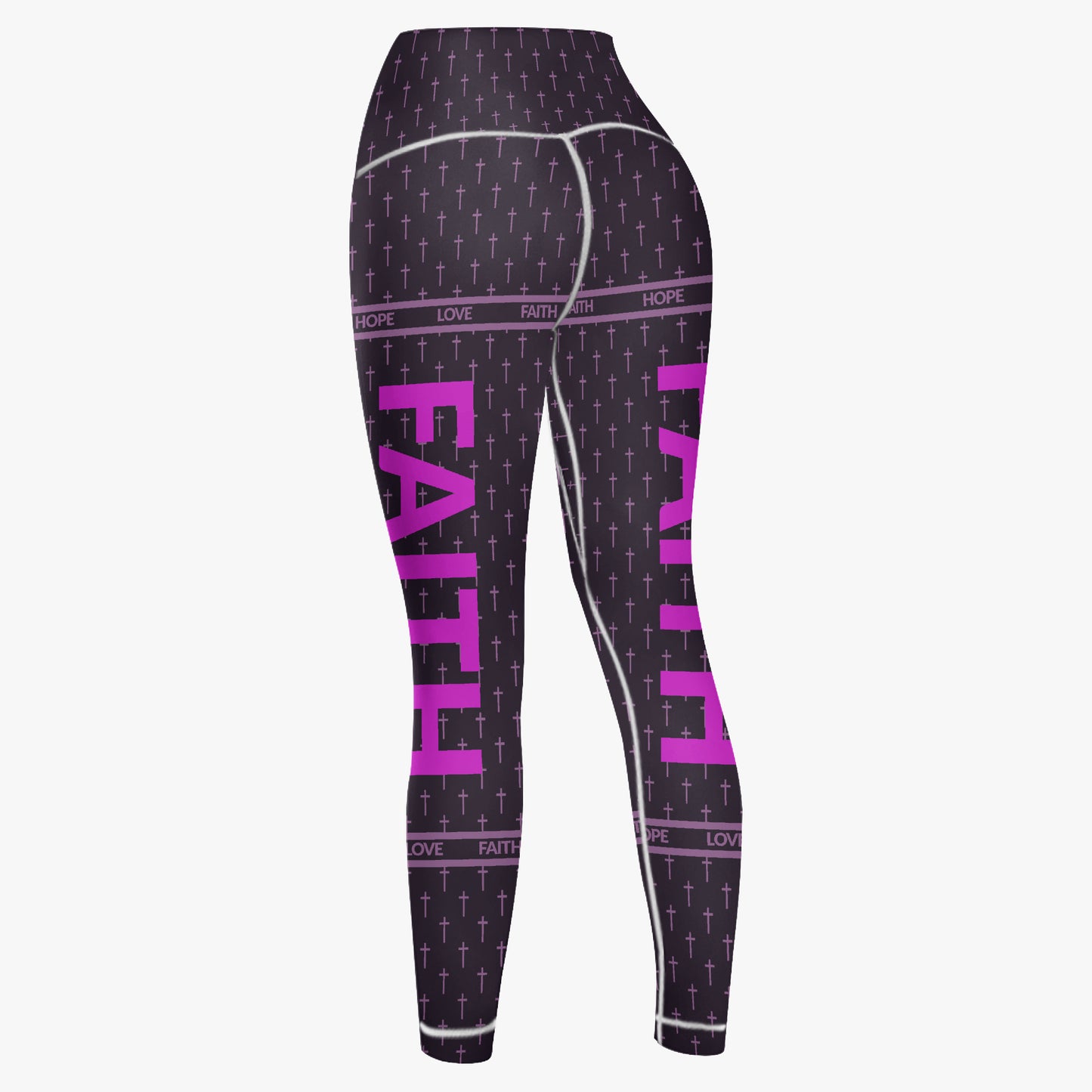 Black leggings with pink text and graphics on a white background