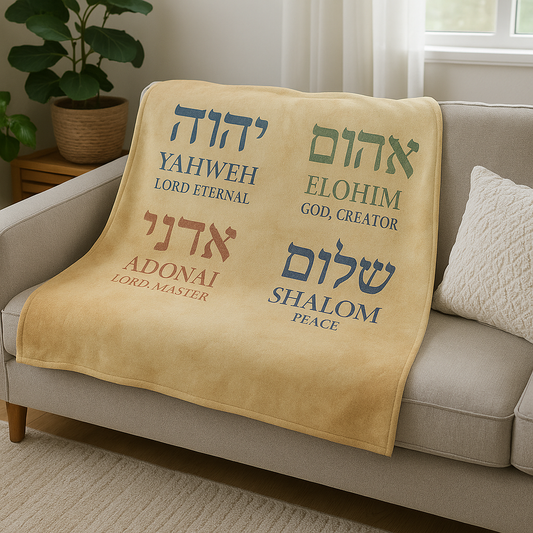 Blanket with Hebrew words and their English translations on a couch in a living room.
