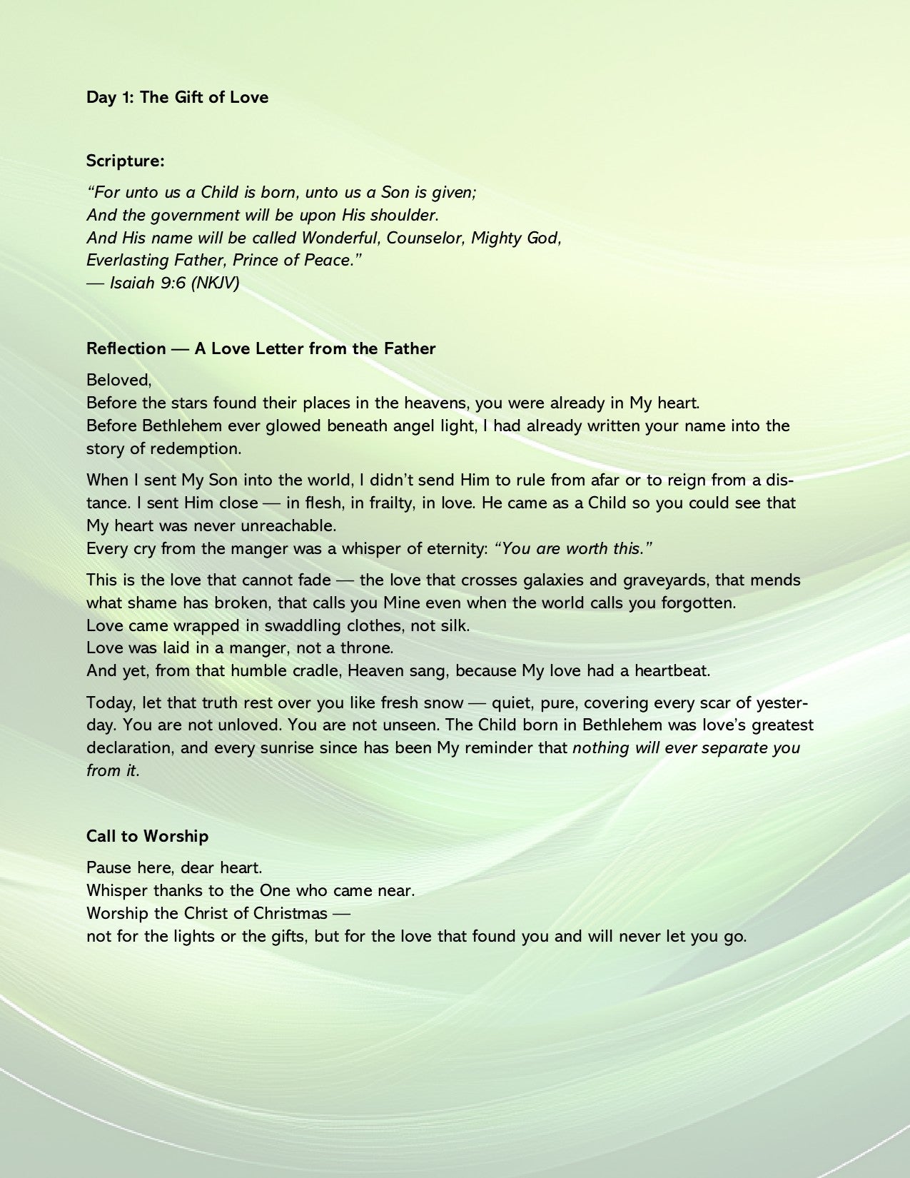 Text document with reflection and scripture on a light green background