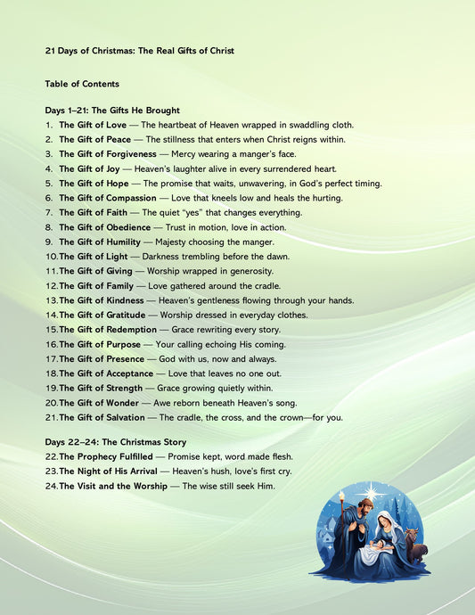 Table of contents for '21 Days of Christmas: The Real Gifts of Christ' with a nativity scene illustration.