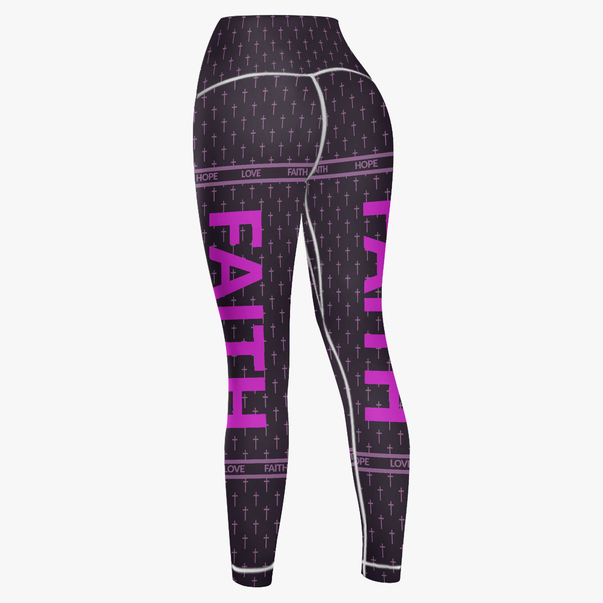 Black leggings with pink text and graphics on a white background