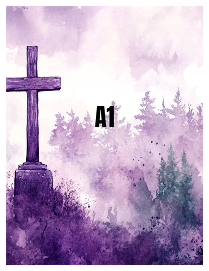 Purple cross in a forest with a purple sky and trees.