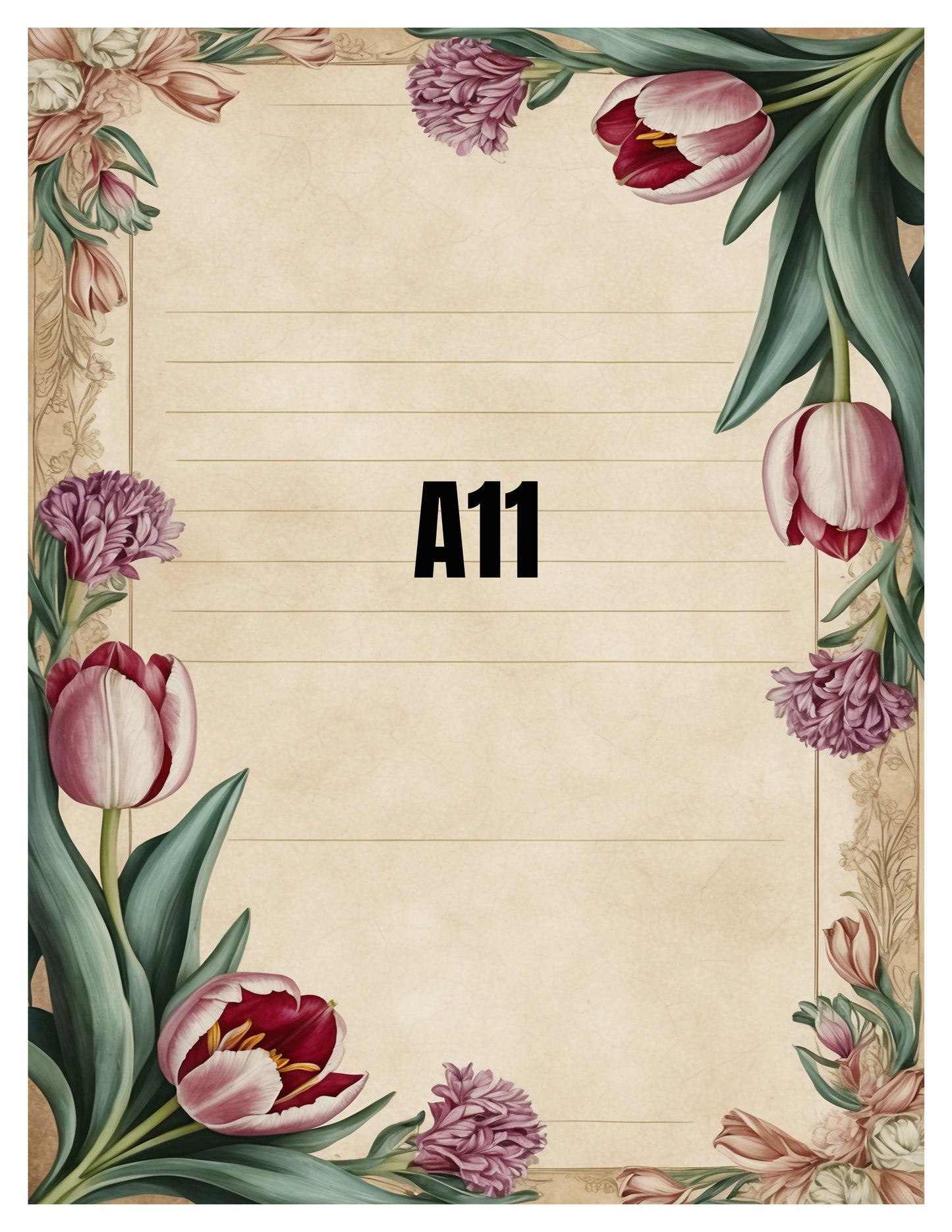 Notebook with floral design and 'A11' text on a beige background