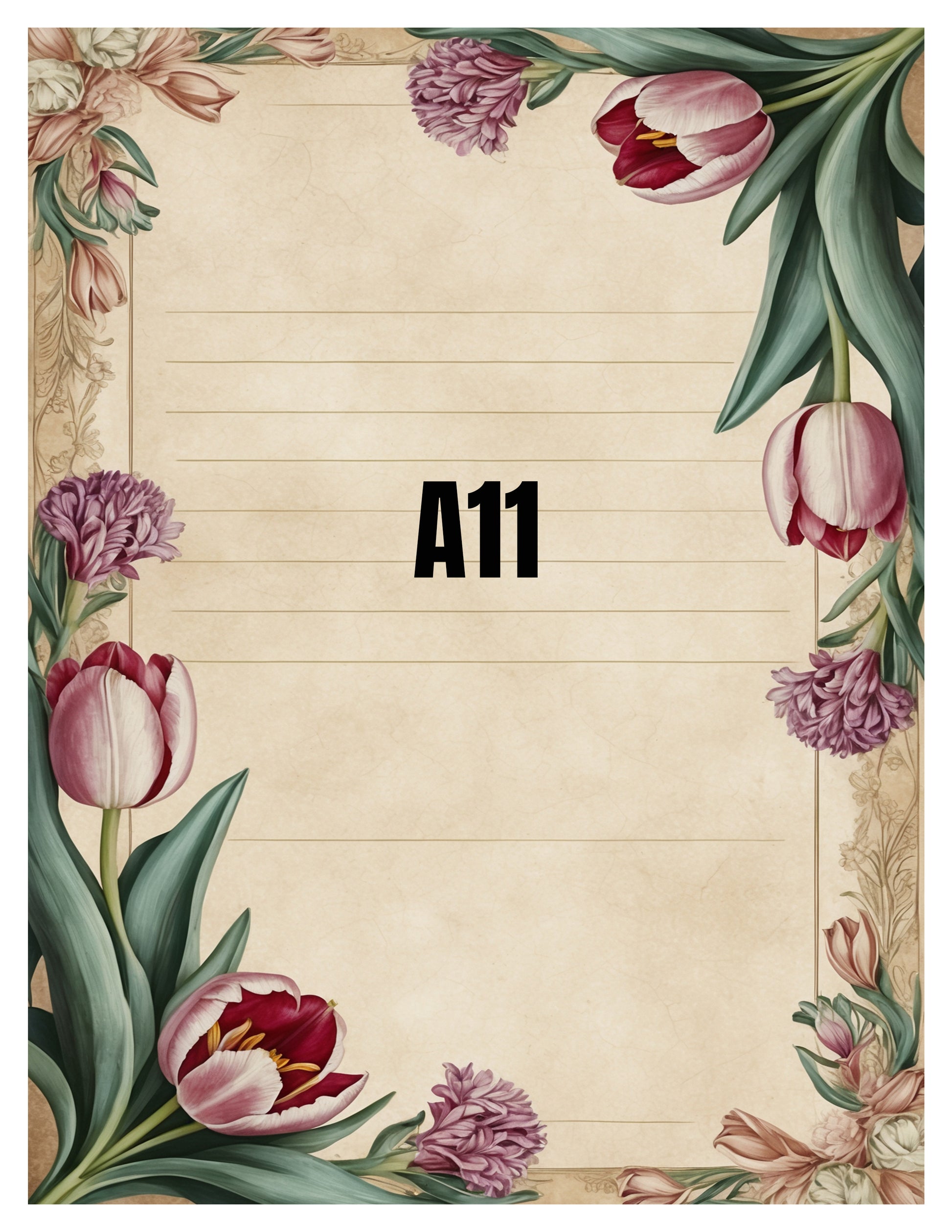 Notebook with floral design and 'A11' text on a beige background
