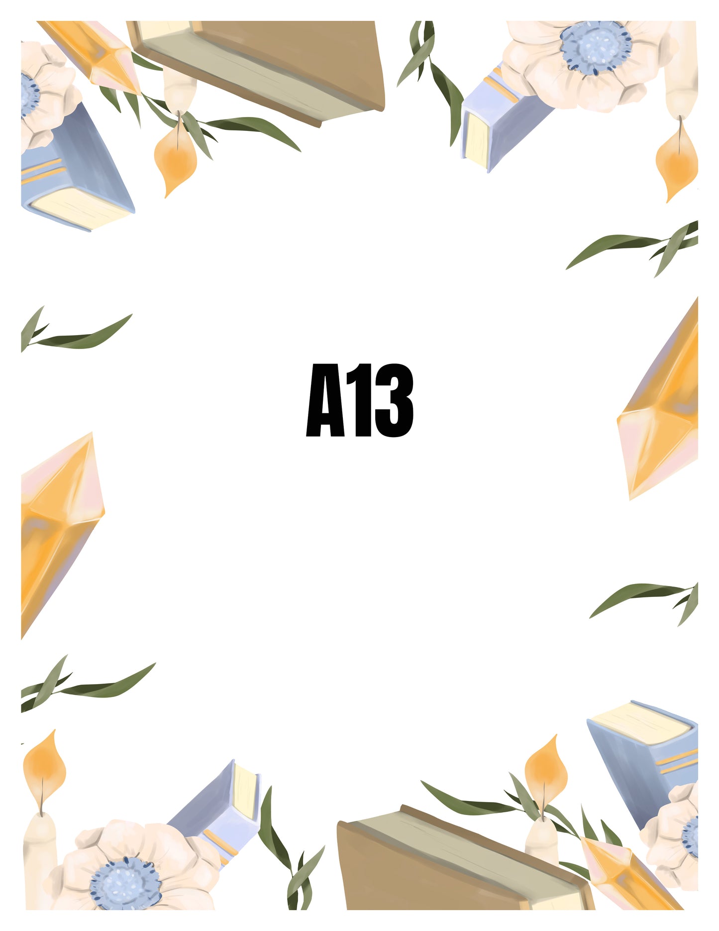 Notebook cover with floral and book design and 'A13' text in the center.