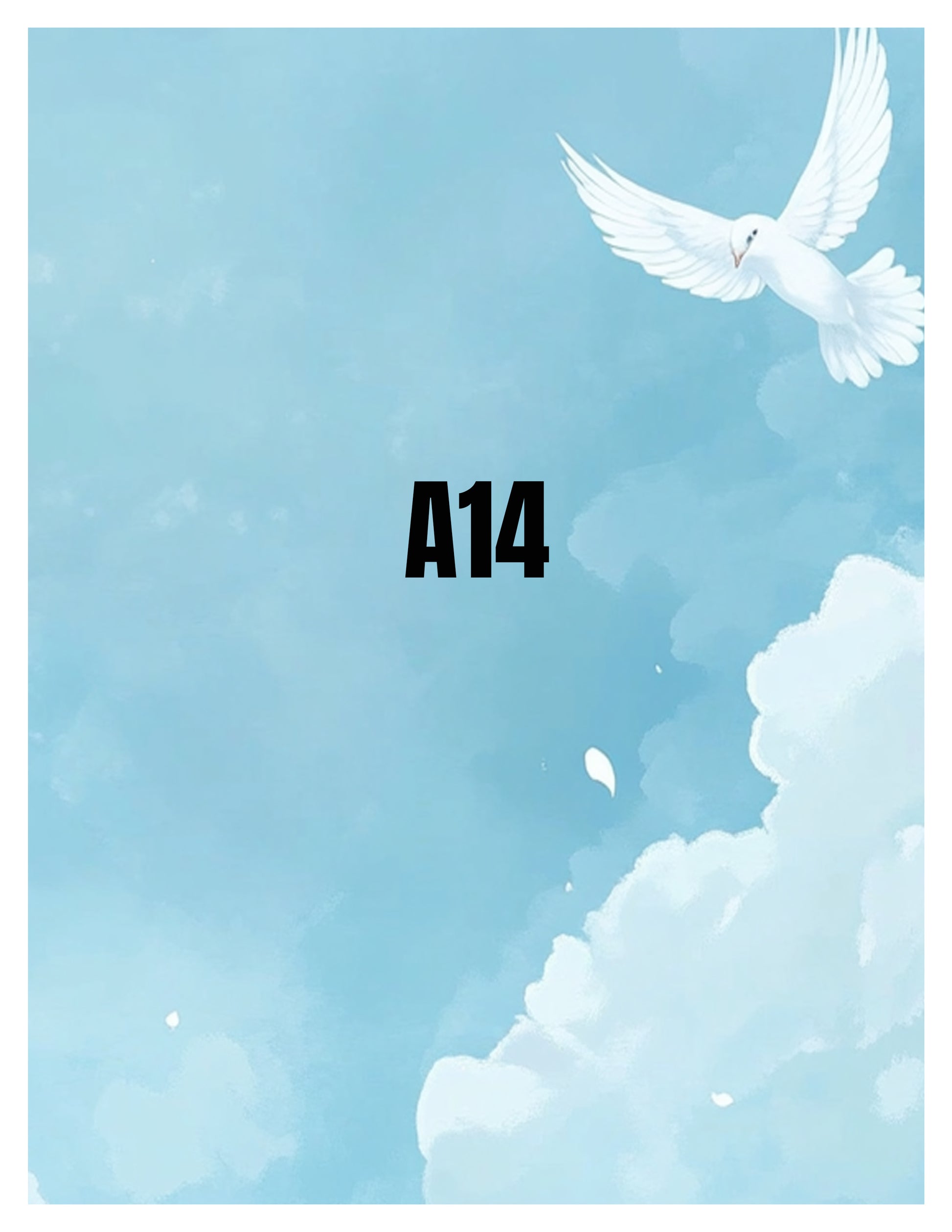 White dove flying in the sky with a light blue gradient background and the number A14.