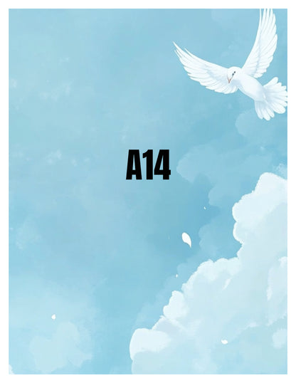 White dove flying in the sky with a light blue gradient background and the number A14.