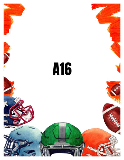 Colorful football helmets and balls with 'A16' text on a white background
