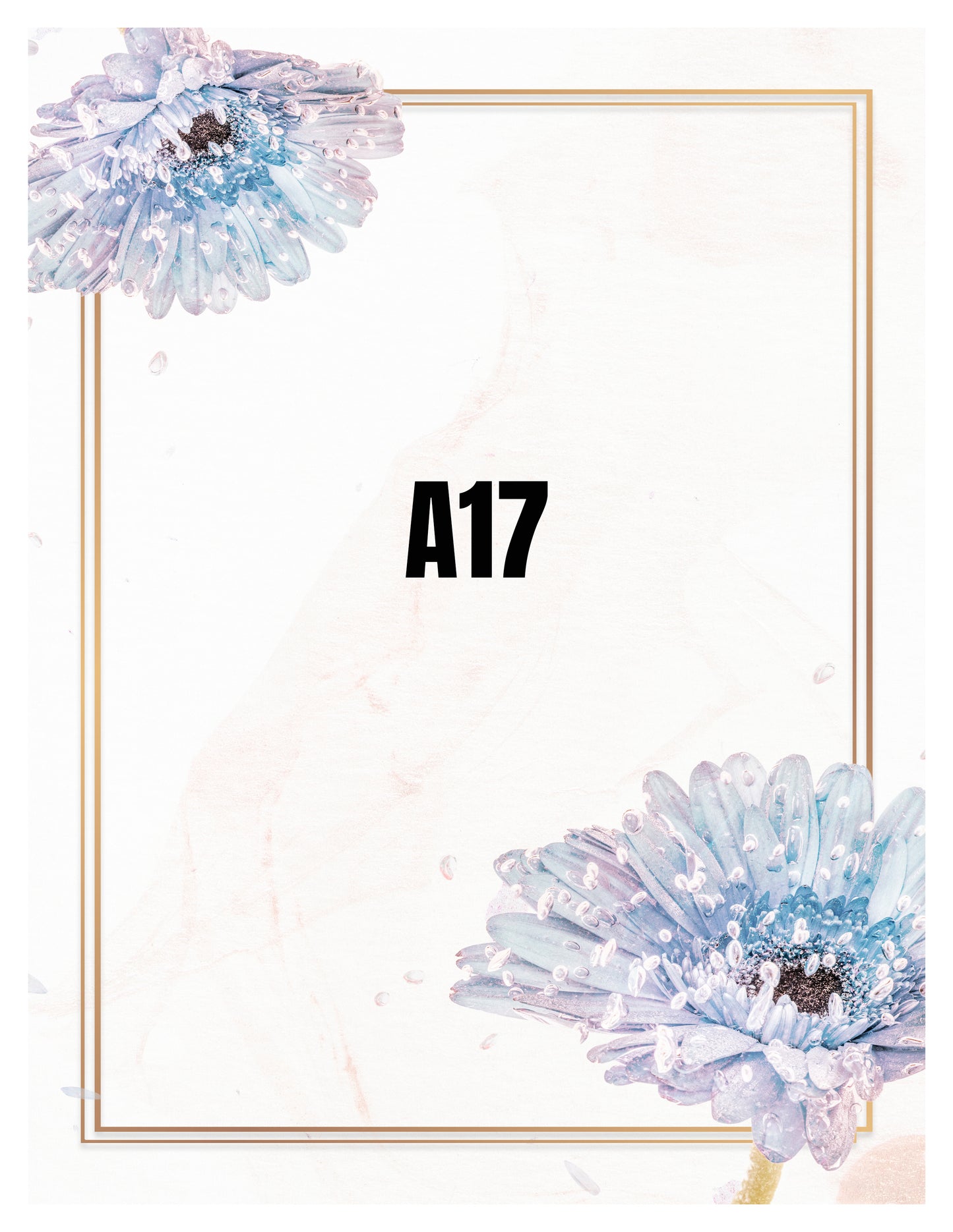 Decorative card with blue flowers and a gold frame on a white background