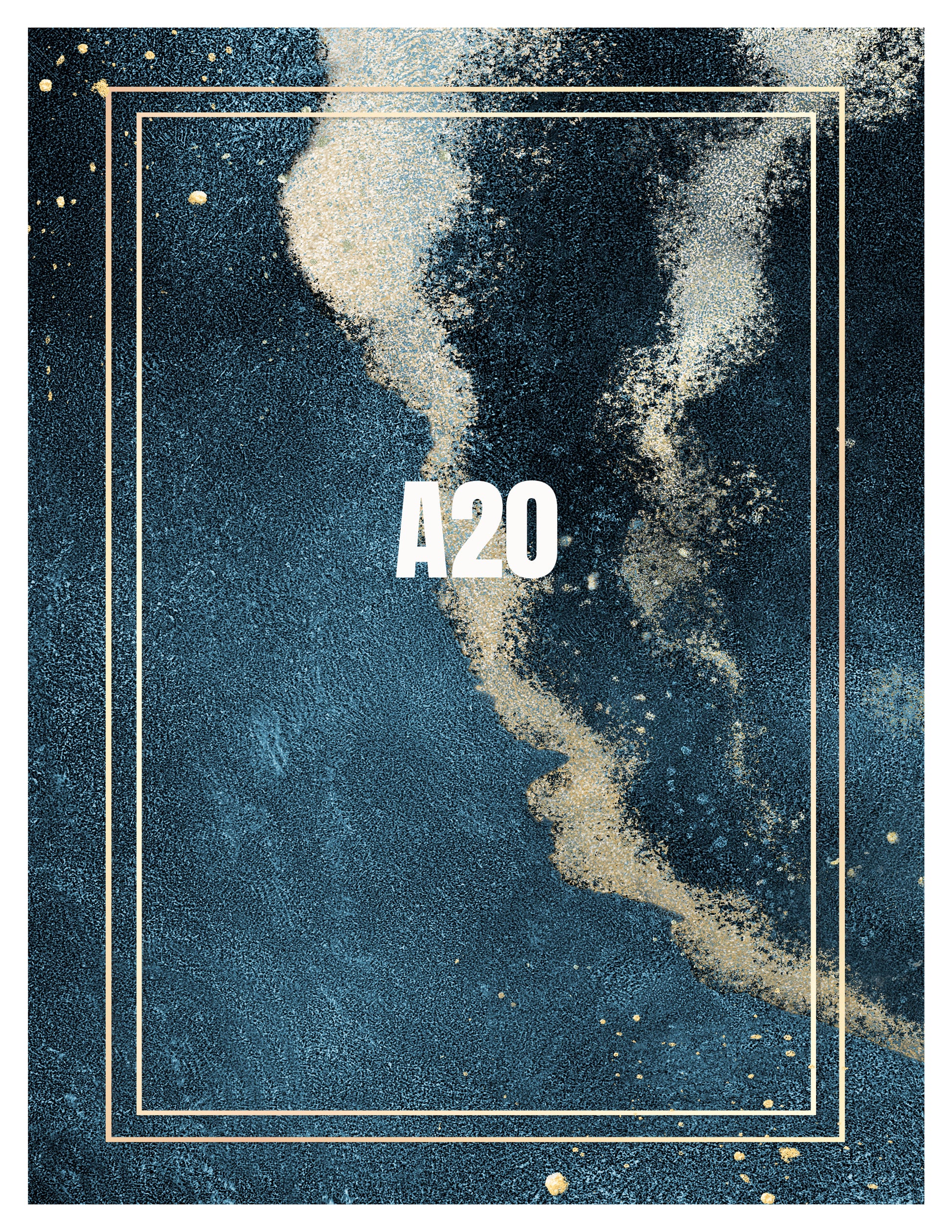 Design with 'A20' text on a blue and gold abstract background