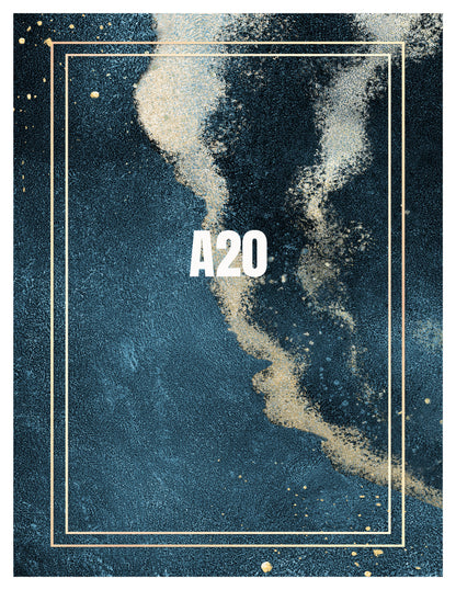 Design with 'A20' text on a blue and gold abstract background