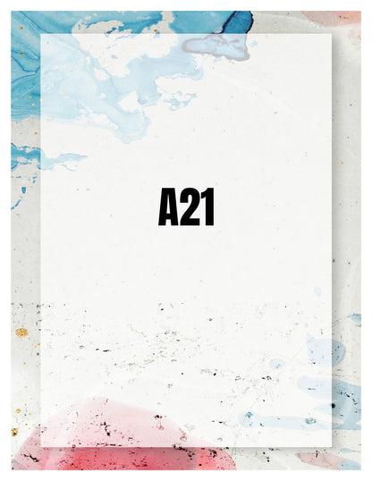 Notebook with abstract watercolor design and 'A21' on a white background