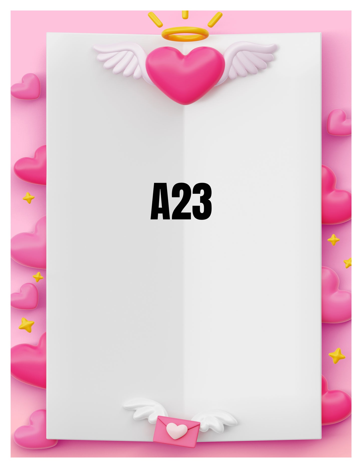 Card with a heart, wings, and 'A23' text on a pink background
