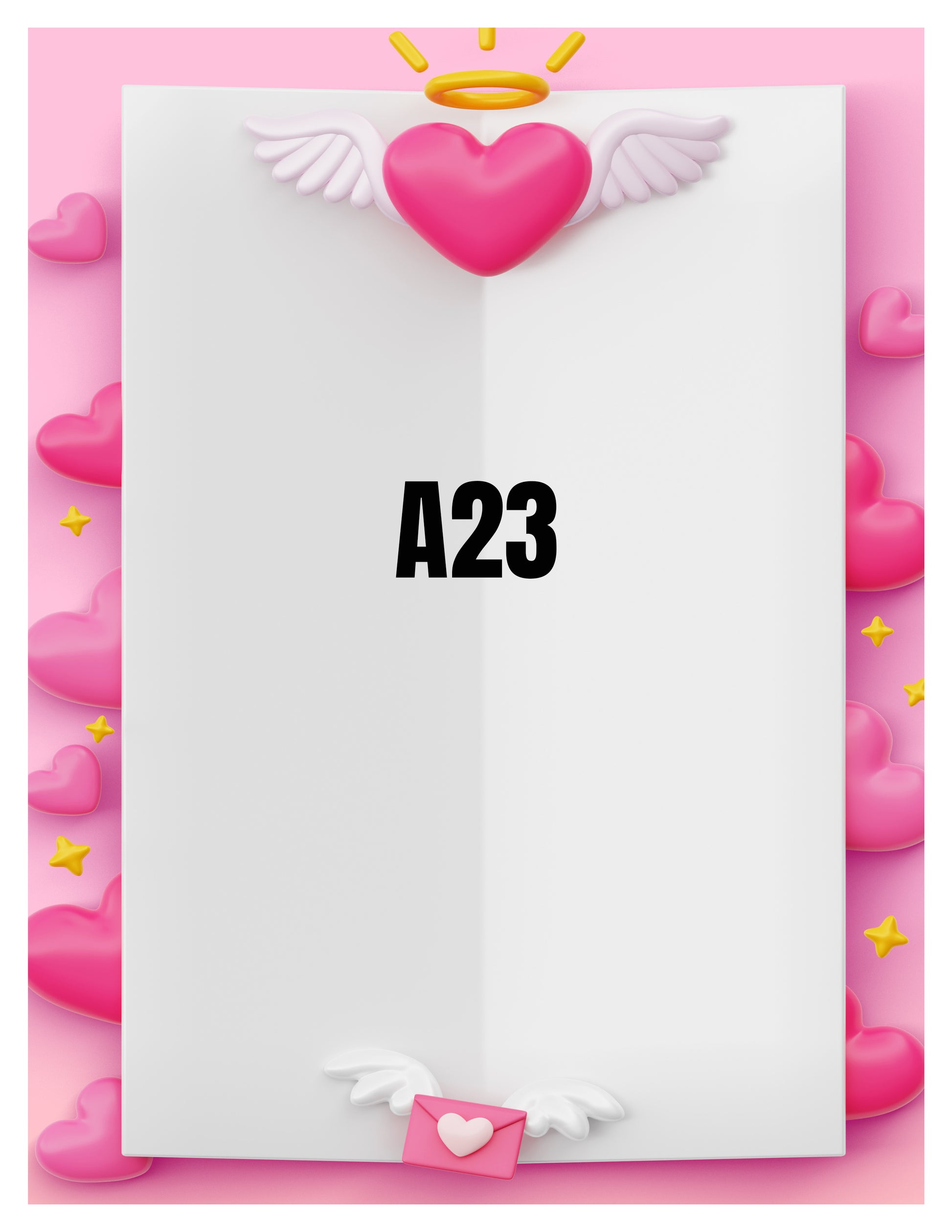 Card with a heart, wings, and 'A23' text on a pink background