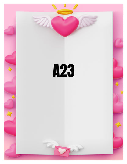 Card with a heart, wings, and 'A23' text on a pink background