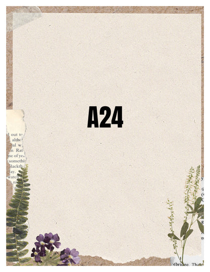 Notebook cover with 'A24' branding and botanical designs on a beige background