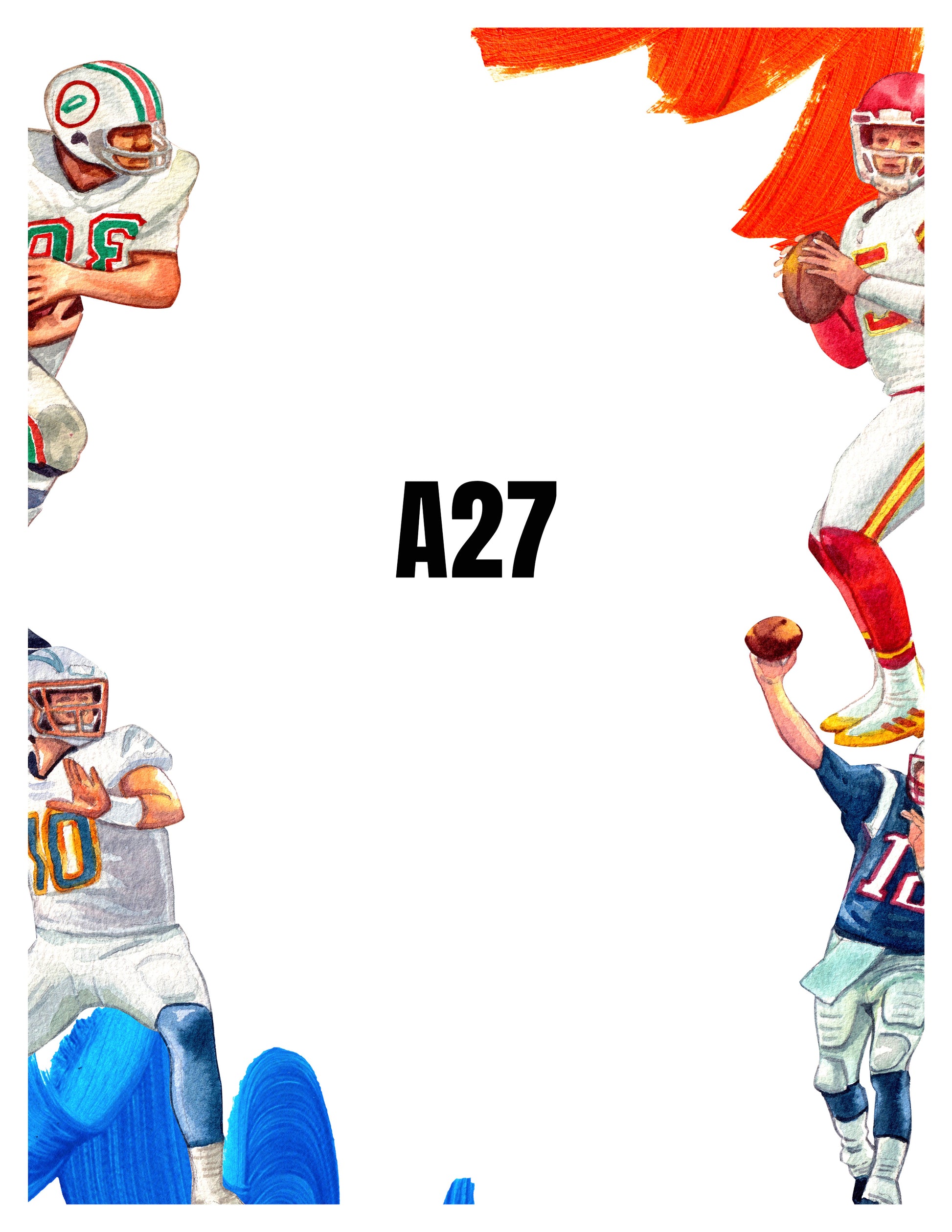 Illustrations of football players in different uniforms with the number A27 displayed.