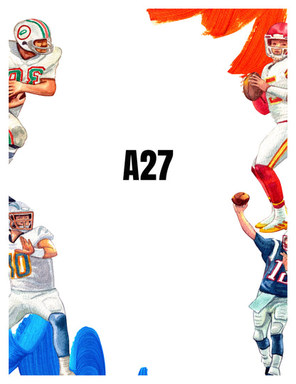 Illustrations of football players in different uniforms with the number A27 displayed.