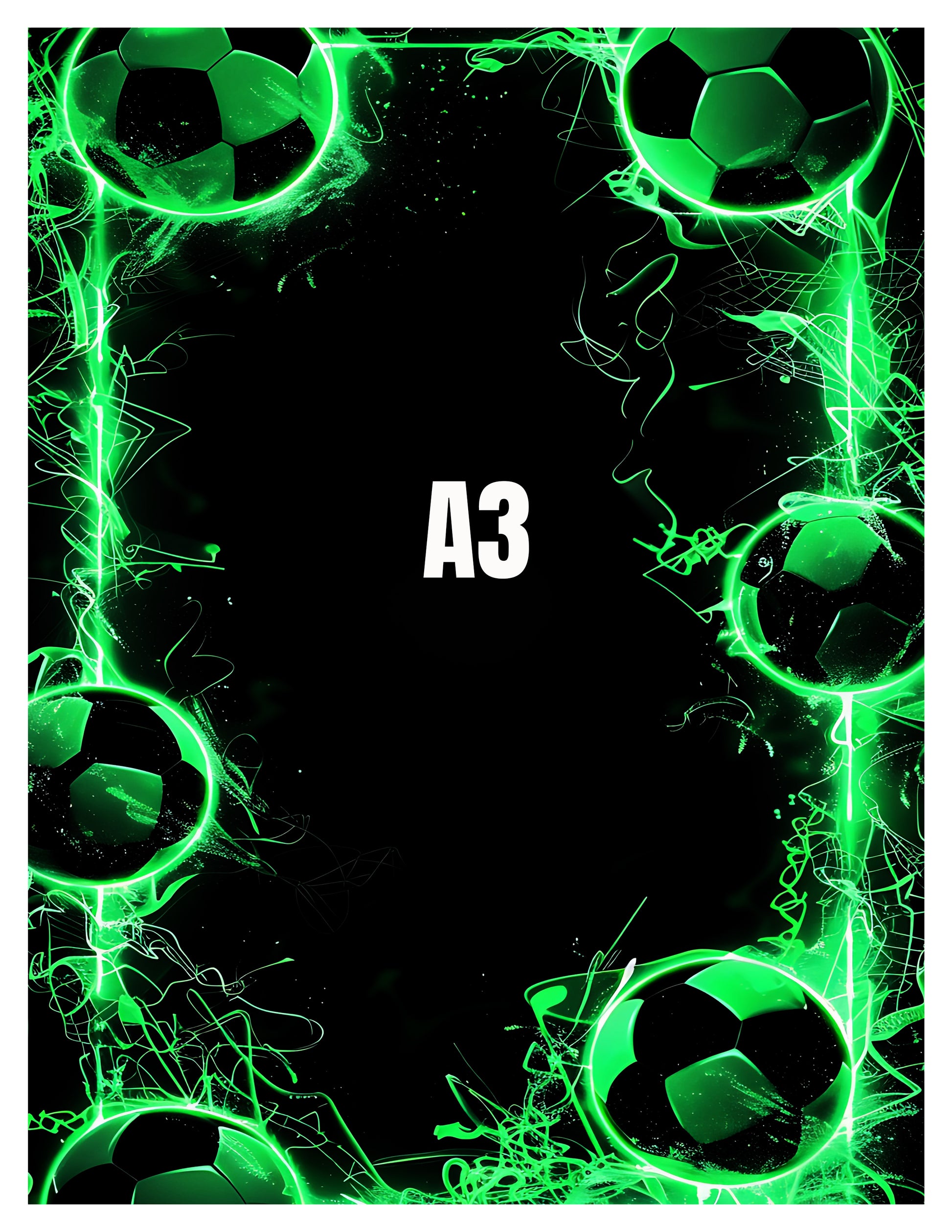 Black paper with 'A3' printed on it, surrounded by green soccer ball graphics.