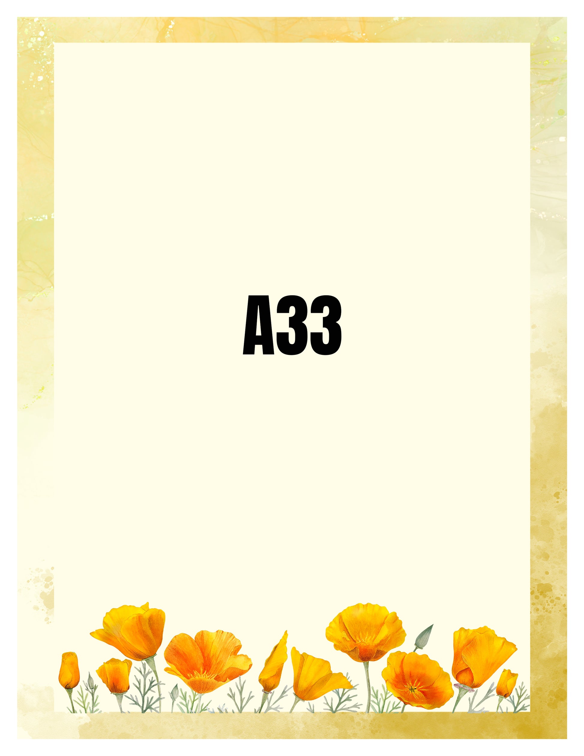 Decorative paper with yellow floral design and 'A33' text on a beige background