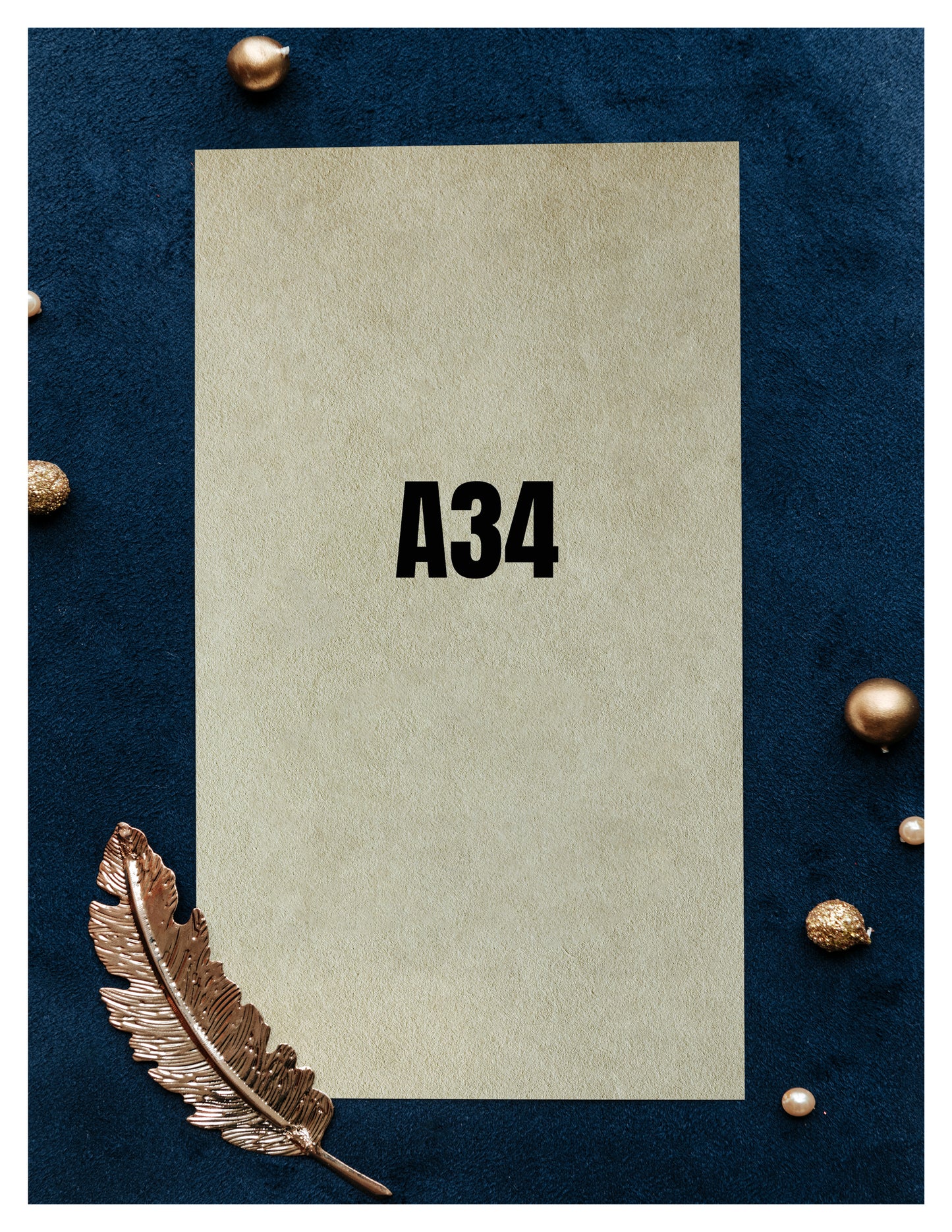 Beige card with 'A34' text on a dark blue background with decorative elements.