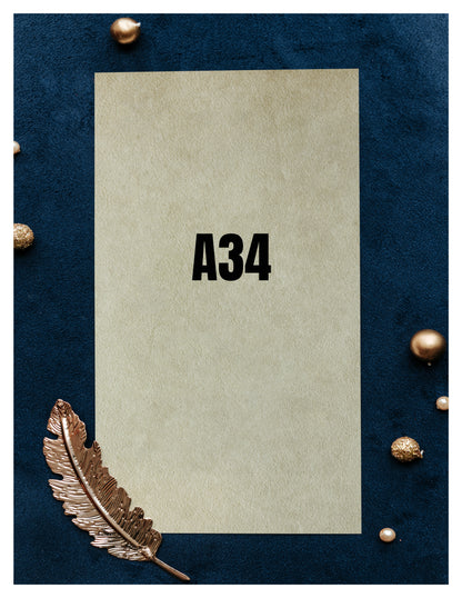 Beige card with 'A34' text on a dark blue background with decorative elements.