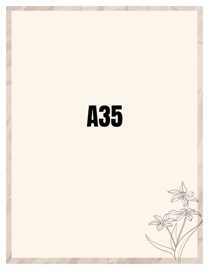 Beige paper with 'A35' printed on it and floral design at the bottom right corner.