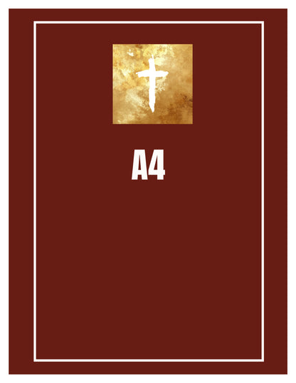 Red book cover with a gold square featuring a white cross and 'A4' text on a white background