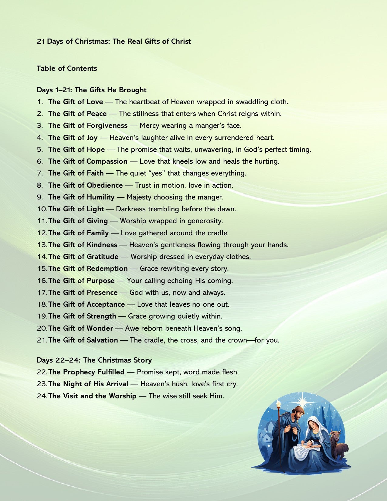 Table of contents for '21 Days of Christmas: The Real Gifts of Christ' with a nativity scene illustration.