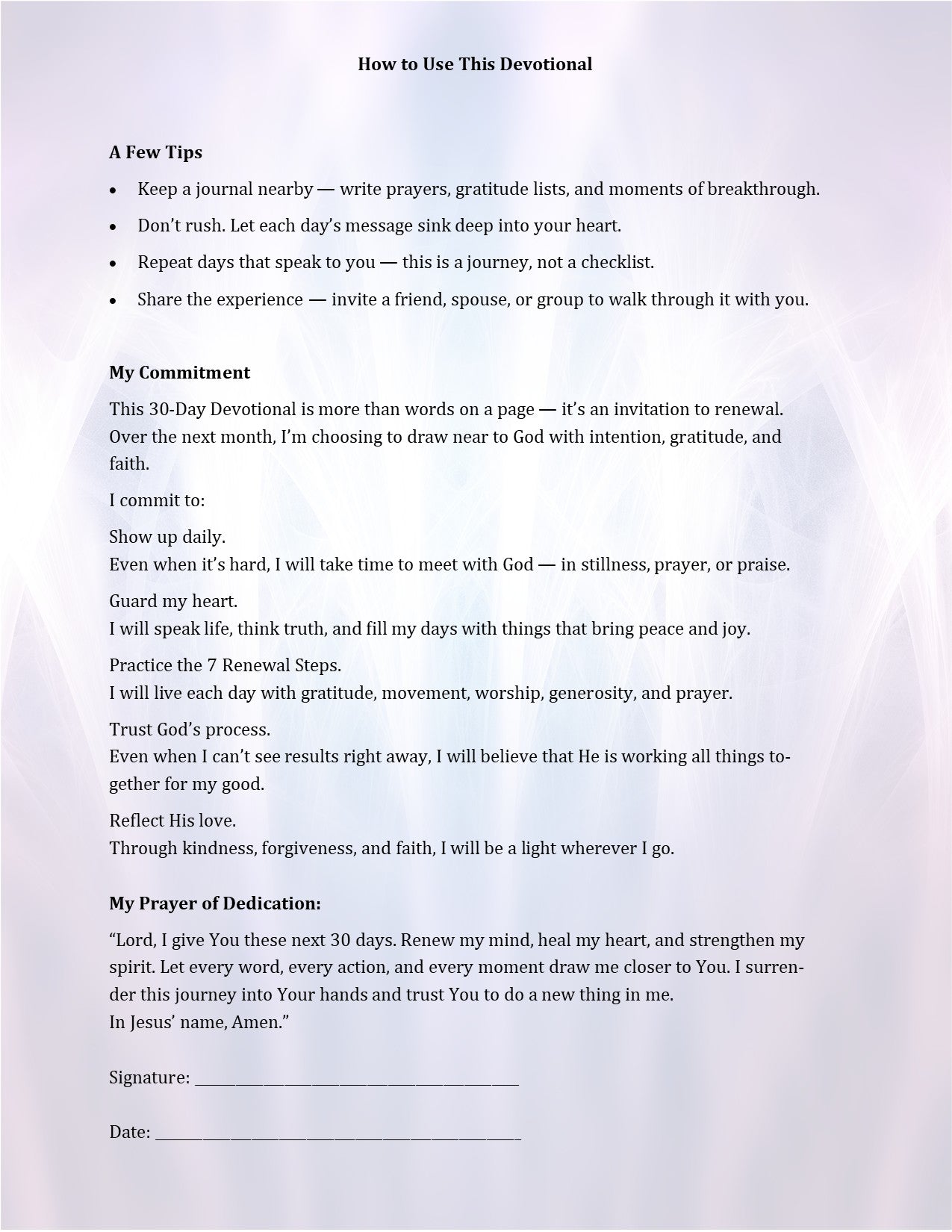 Devotional page with tips, commitment, prayer, and space for signature on a light purple background