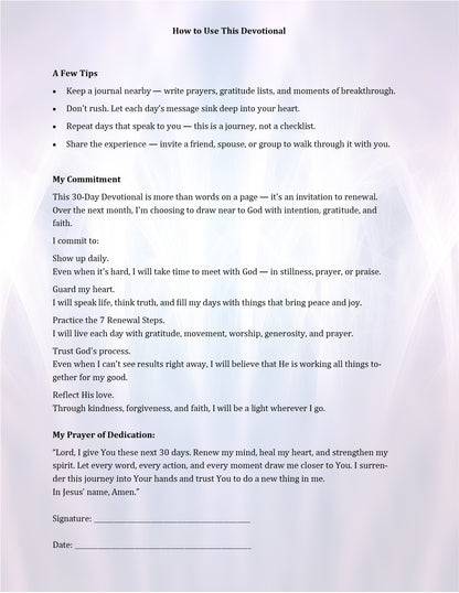 Devotional page with tips, commitment, prayer, and space for signature on a light purple background