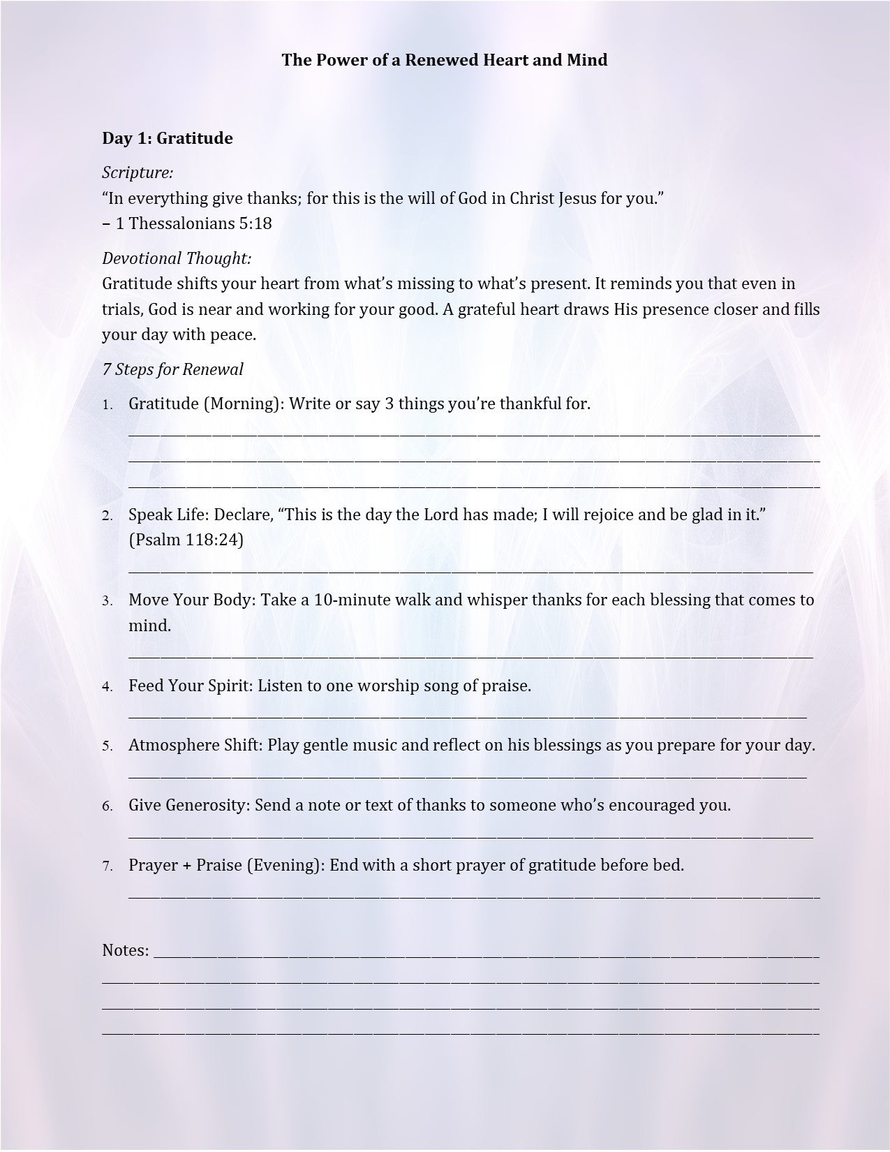 Sheet with steps for renewing one's heart and mind through gratitude, with a prayer at the end.