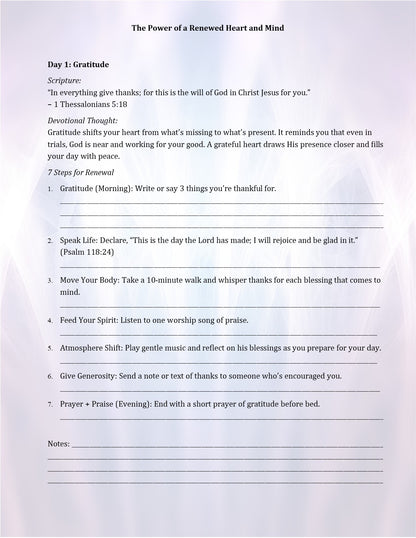 Sheet with steps for renewing one's heart and mind through gratitude, with a prayer at the end.