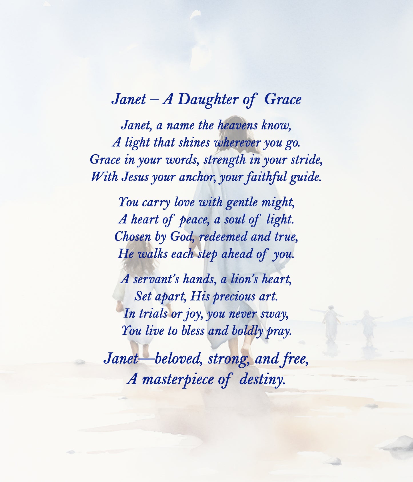 Text poem about Janet, a Daughter of Grace, with a blurred background of people and animals.