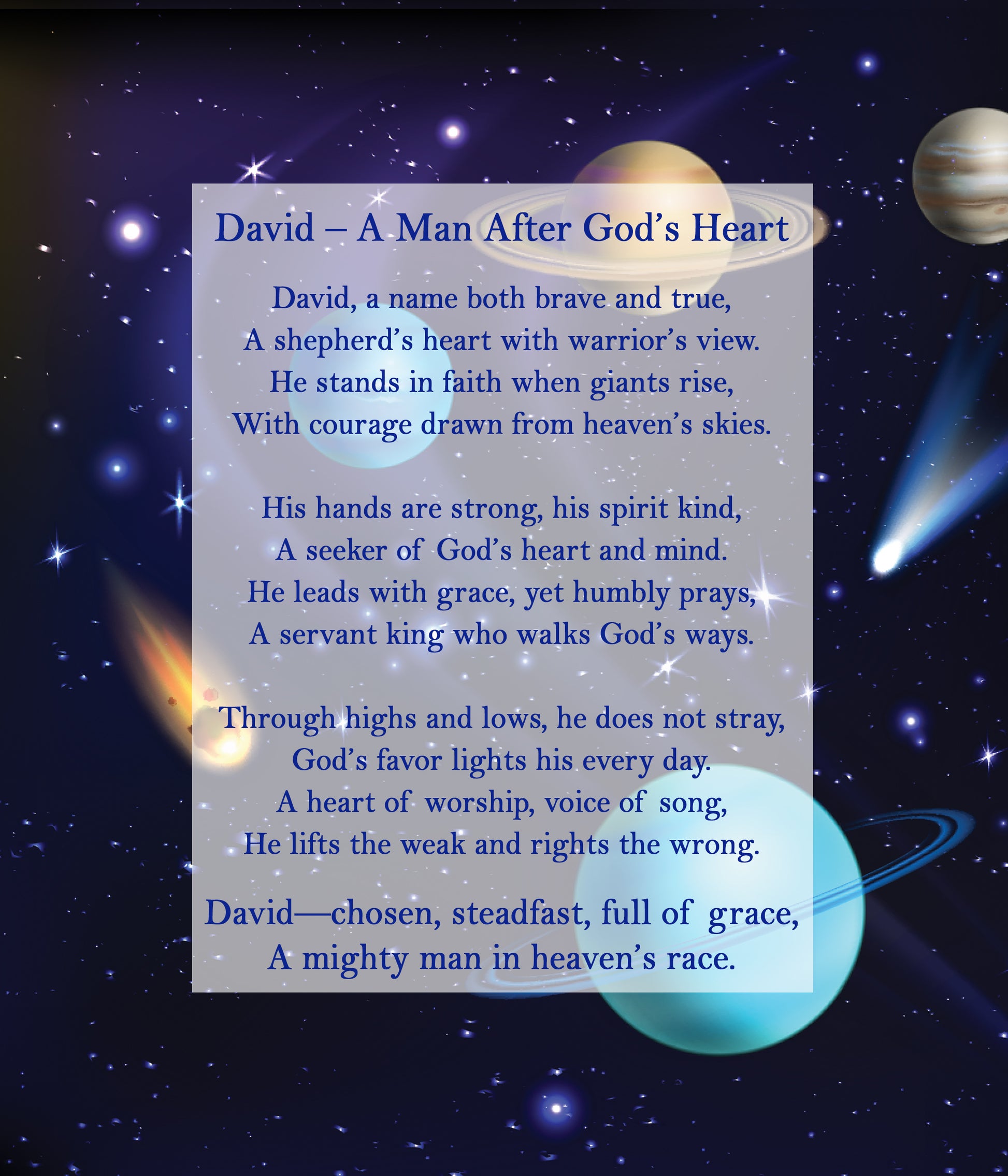 Space-themed background with a poem about David, A Man After God's Heart, displayed on a blue rectangular card.