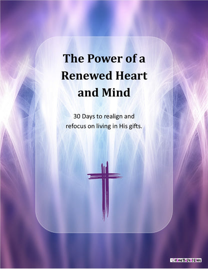 Book cover with text 'The Power of a Renewed Heart and Mind' and a cross on a purple and blue background.