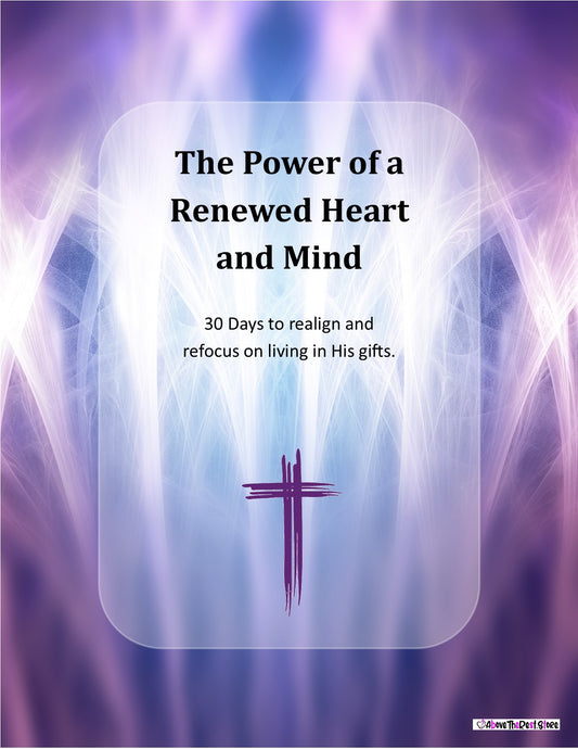Book cover with text 'The Power of a Renewed Heart and Mind' and a cross on a purple and blue background.