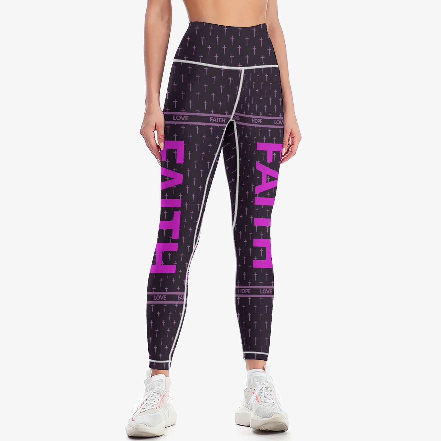 Black leggings with pink text and patterns on a white background