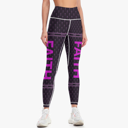 Black leggings with pink text and patterns on a white background