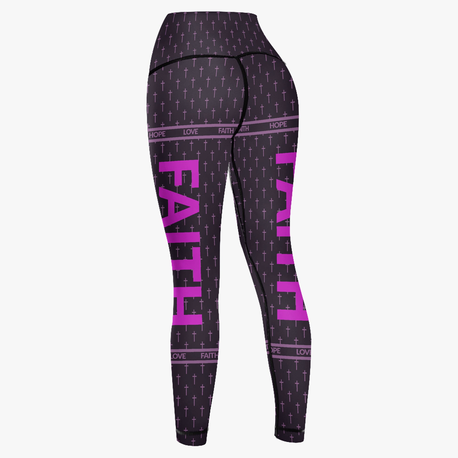 Black leggings with pink text and graphics on a white background