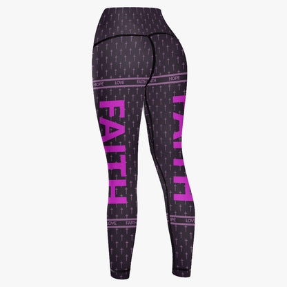 Black leggings with pink text and graphics on a white background