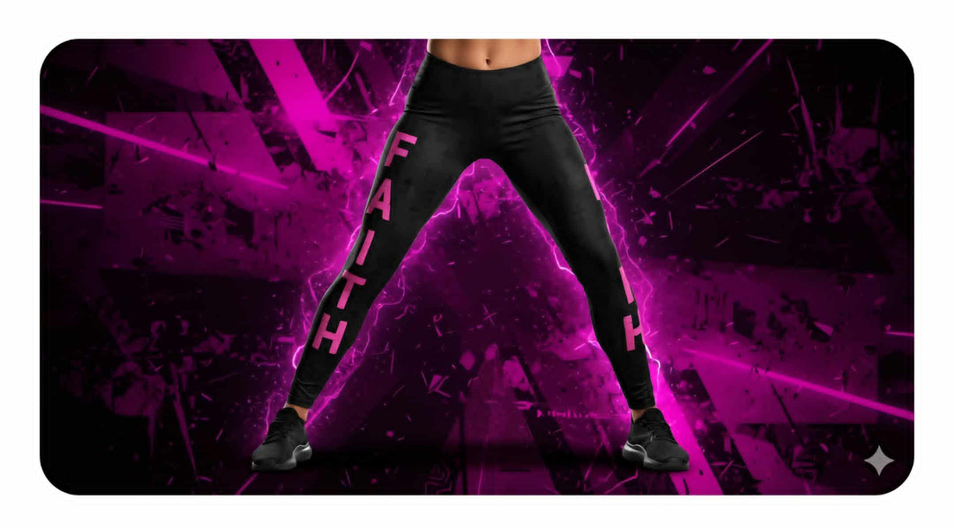 Person wearing black leggings with pink text on a dark background