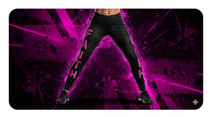 Person wearing black leggings with pink text on a dark background